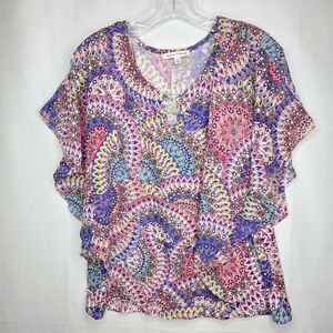 NOTATIONS Tiered Ruffle Front XL Short Flutter Sleeve Slinky Stretch Knit Top